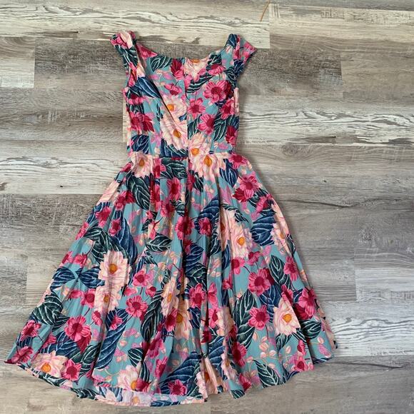 Hell Bunny Retro Tropical Floral Fit and Flare Dress Blue Pink Size S - Picture 3 of 9